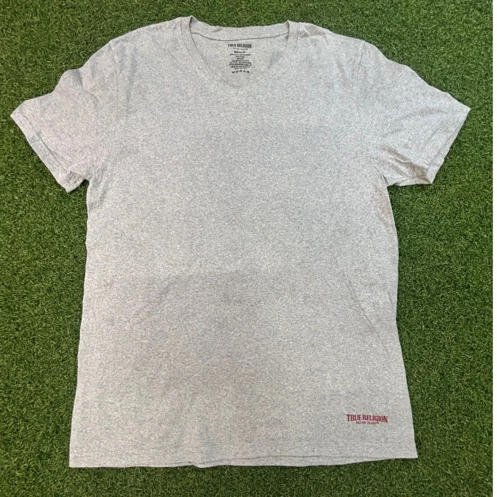 True Religion Mens V-Neck T-Shirt Heather Gray Short Sleeve Logo Tee Medium